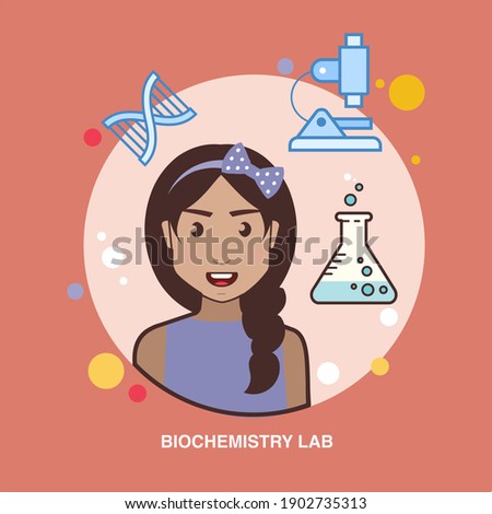 Biochemistry laboratory with research on genetics of DNA test tube microscope and a girl with brown hair on orange background flat concept design