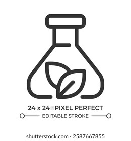 Biochemistry line ui icon. Fresh plant leaves within erlenmeyer flask. Researching botanical samples. Isolated vector outline symbol. Webdesign user interface element linear, pixel perfect