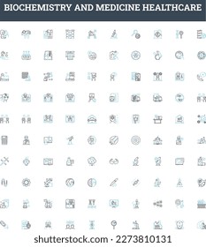 Biochemistry and medicine healthcare vector line icons set. Biochemistry, Metabolism, Enzymes, Hormones, Proteins, Genes, DNA illustration outline concept symbols and signs