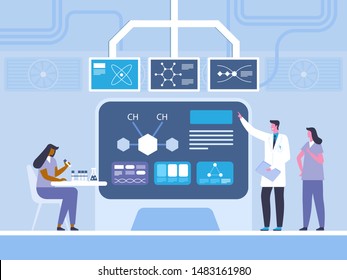 Investigación bioquímica ilustración vectorial plana. Doctor, químico con asistentes personajes de caricatura. Científicos estudiando molécula, experimentos de laboratorio. Reacción química, prueba de laboratorio farmacéutico