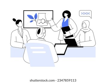 Biochemistry research report abstract concept vector illustration. Group of diverse biochemists discussing presentation report, ecology industry, environmental science abstract metaphor.