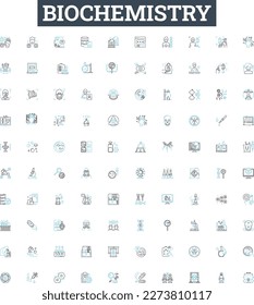 Juego de iconos de línea vectorial de bioquímica. bioquímica, metabolismo, proteínas, ADN, enzimas, aminoácidos, carbohidratos ilustración bosquejar símbolos y signos conceptuales