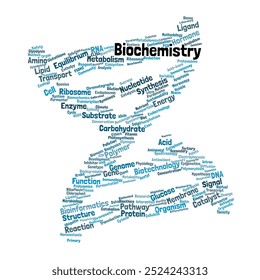 Bioquímica Word Cloud. Composição de Palavras Relacionadas à Biologia Molecular, Metabolismo e Reações Químicas. Plano de Fundo Isolado.