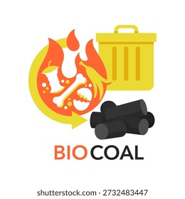 Biocoal emblem - carbon rich solid fuel produced by hydrothermal carbonization of biomass. Renewable alternative to coal for energy, carbon storage and sustainable industry. In flat colors.