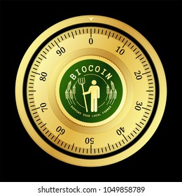 BioCoin (BIO) cryptocurrency safe lock. Eps10 vector illustration isolated on black background.
