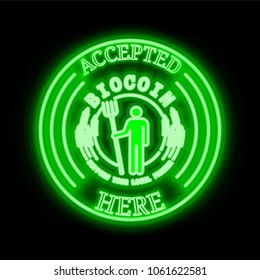 BioCoin (BIO) green  neon cryptocurrency symbol in round frame with text "Accepted here". Vector illustration isolated on black background