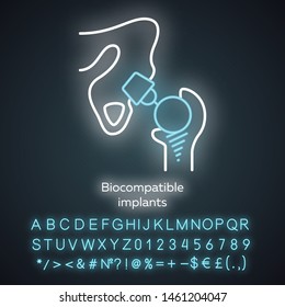 Biocompatible implants neon light icon. Compatible with living tissue material. Artificial joint. Bioengineering. Glowing sign with alphabet, numbers and symbols. Vector isolated illustration