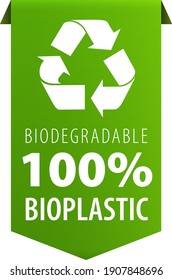 Biodegradable 100 percent Bioplastic text and Recycle logo symbol green tag ribbon banner icon isolated on white background.