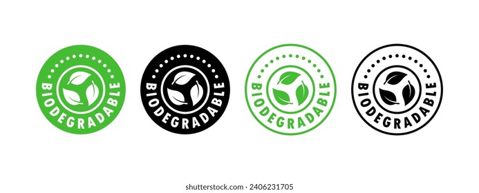 Biodegradable badges set. Recycle signs. Icons of reusable plastic bio packaging. Vector icons