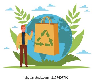 Biodegradable bag. Ecology of zero waste, tiny man with huge paper shopping packet, green reuse sign, save the planet, environment care, eco friendly people, vector cartoon flat concept