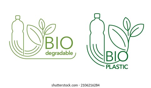 Biodegradable bioplastic badge - bottle turns to plant branch - eco friendly compostable material production - environment protection emblem