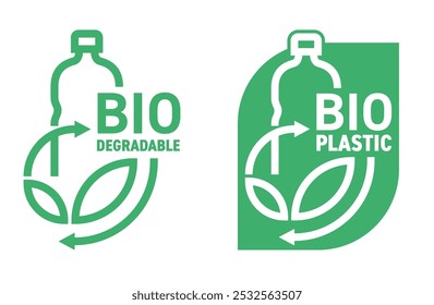 Crachá biodegradável bioplástico em linha fina - garrafa vira para ramo de planta - produção de material compostável eco-friendly - emblema de proteção ambiental em linha negrito