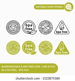 Biodegradable, bpa free, & eco icons set vector illustration, icon line style. Eco friendly and free plastic badge concept. Editable stroke icon on isolated background for web design & UI mobile app