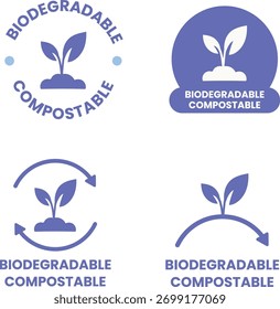 Biodegradable and compostable badge set. Eco-friendly labels and green packaging symbols for natural, recyclable, and sustainable products. Modern minimal vector collection for environment design