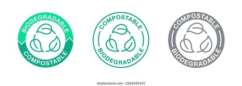 Biodegradable compostable eco friendly stamp icon. Green leaf bio recyclable and degradable package label for organic plastic free bag, bottle package. Vector compost logo svg