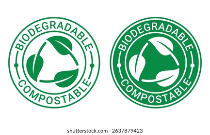 Biodegradable compostable icons, bio recyclable and degradable package stamps, recycle leaf symbols vector template