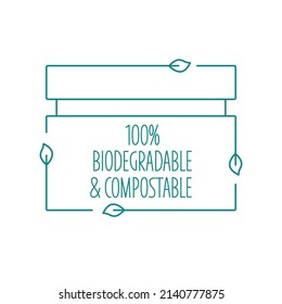 Biodegradable and compostable plastic cosmetic bottle - eco packaging icon. Vector stock illustration isolated on white background for label, wrapping, package. Editable stroke. EPS10