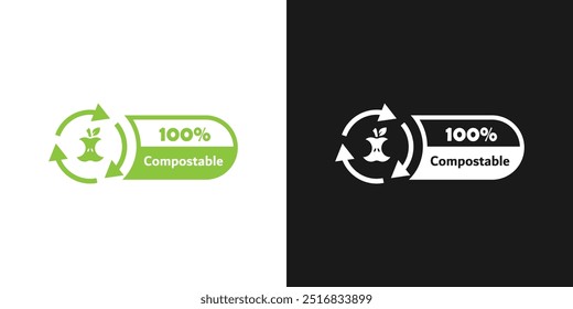 Icono de producto biodegradable y compostable. Etiqueta compostable, pegatina o sello. Signo, icono o emblema 100% compostable. Vector. Concepto de ecología