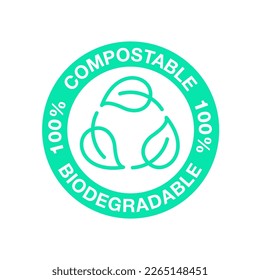 Biodegradable, compostable recyclable icon, bio plastic free pack vector green leaf label. Bio degradable and eco safe, organic recycle symbol for biodegradable package