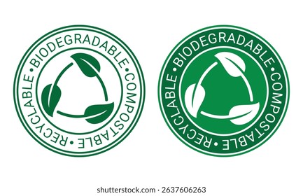 Biodegradable, compostable and recyclable icon. Recycling, Bio recyclable eco friendly package green leaf stamp logo vector template