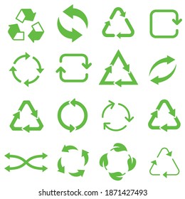 Biodegradable, compostable, recyclable icon set. Set of green arrow recycle. Mega set of recycle icon. Flat design web elements for website, app for infographics materials. Green recycling and rotatio