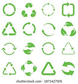 Biodegradable, compostable, recyclable icon set. Set of green arrow recycle. Mega set of recycle icon. Flat design web elements for website, app for infographics materials. Green recycling and rotatio