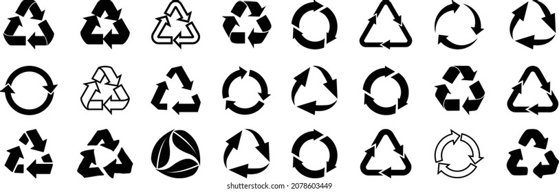 Biodegradable, compostable, recyclable icon set. Set of arrow recycle. Mega set of recycle icon. Green recycling and rotation arrow icon pack. Vector illustration