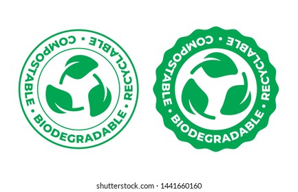 Biodegradable, compostable and recyclable vector icon. Bio recycling eco friendly package green leaf stamp logo svg