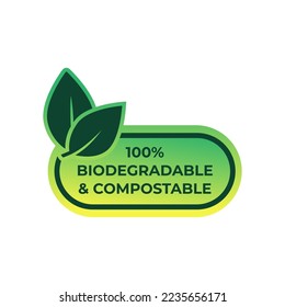 Biodegradable and compostable recyclable vector icon. 100 percent bio recycling package green leaf logo