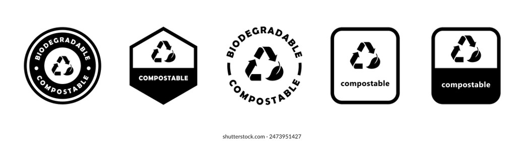 Biodegradable and compostable. Vector signs for product packaging label.