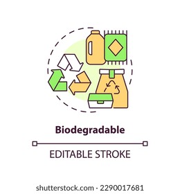 Biodegradable concept icon. Compostable product. Eco friendly solution. Biobased material idea thin line illustration. Isolated outline drawing. Editable stroke. Arial, Myriad Pro-Bold fonts used