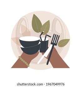 Biodegradable disposable tableware abstract concept vector illustration. Micro plastic free straws, biodegradable materials, plates and bowls, zero waste, eco friendly tableware abstract metaphor.
