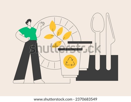 Biodegradable disposable tableware abstract concept vector illustration. Micro plastic free straws, biodegradable materials, plates and bowls, zero waste, eco friendly tableware abstract metaphor.