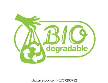Biologisch abbaubarer ökologischer Kunststoff - Beutel in Händen mit Recyclingsymbol - einzelne Briefmarke 