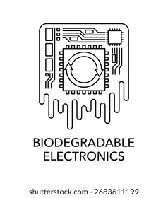 Biodegradable Electronics icon in thin line - with CPU, recycle and renew symbols. Represents eco-friendly technology, sustainable circuit boards, electronic waste reduction, and green innovation.