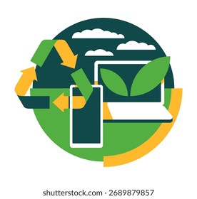Biologisch abbaubare Elektronik - Illustration der Recyclingtechnologie mit Anlagen, Laptops und mobilen Geräten für eine nachhaltige Zukunft.