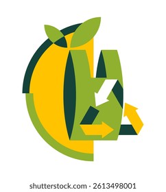 Biodegradable emblem - packet turns to plant branch with recycling sign - eco friendly compostable material production. In flat colors