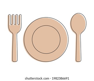 Biodegradable fork, spoon, and plate. Eco-friendly dinnerware isolated on white background. Vector illustration