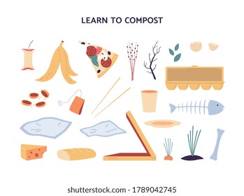 Biodegradable garbage. A set of organic waste for composting. Vector poster or banner with the inscription Learn to compost. Vector flat illustration.