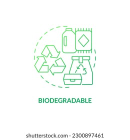 Biodegradable green gradient concept icon. Compostable product. Eco friendly solution. Biobased material idea thin line illustration. Isolated outline drawing. Myriad Pro-Bold font used