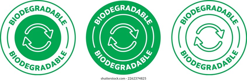 Icono biodegradable, insignia de signo del vector del producto 100% biodegradable en color verde y blanco. logotipo de reciclaje ecológico.