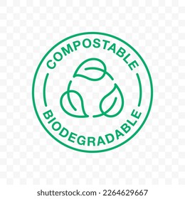 Biodegradable icon or compostable eco plastic, vector leaf label. Bio degradable stamp, green recycle circle symbol, for eco friendly organic and recyclable packs svg