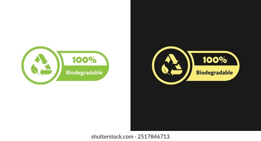 Biologisch abbaubares Symbol, Etikett, Aufkleber, Emblem oder Zeichen. Biologisch abbaubare Verpackungsmarken. Recyclingfähiges Produkt. Bio-Bioverpackung, Blatt- und Pfeiletikett. Plastikfrei, biologisch abbaubar, umweltfreundlich