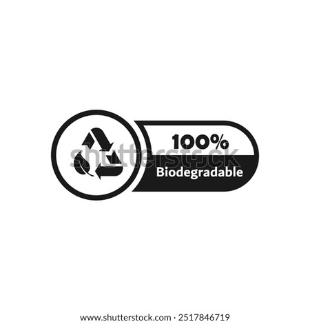 Biodegradable icon, label, sticker, emblem or sign. Bio degradable package stamps. Recyclable product. Organic bio package, leaf and arrow label. Plastic free, biodegradable, eco safe