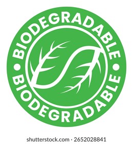 Biodegradable icon with leaf silhouette design. Symbolizes eco-friendly materials and sustainability in a green circle. A clean and modern design.