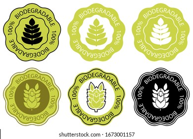 Biodegradable icon. One hundred percent biodegradable label. Set of round stamps with lettering 