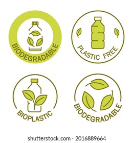 Biodegradable. Icon of plastic bottle with green leaves. Plastic free stamp. Eco friendly compostable material production. Zero waste, nature protection concept. Vector