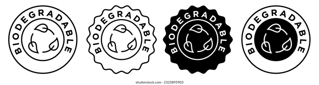 Icono biodegradable. Signo vectorial de reutilización o reciclado de la placa de símbolo ecológico. Emblema de la recogida de sellos de residuos de productos ecológicos naturales. sello de círculo redondo de plástico o papel reutilizable.