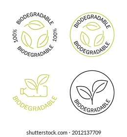 Biodegradable icons. Icon of plastic bottle with green leaves. Turns to plant concept. Eco friendly compostable material production. Zero waste, nature protection concept. Vector