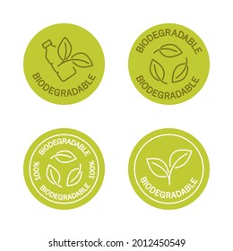 Biodegradable icons. Icon of plastic bottle with green leaves. Turns to plant concept. Eco friendly compostable material production. Zero waste, nature protection concept. Vector